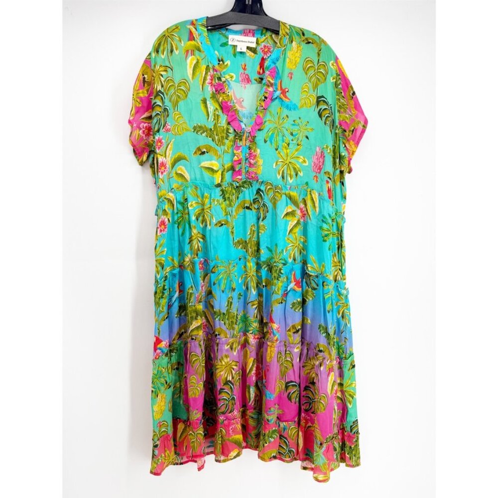 Jayshree Dalal Fiji Tropical Tiered Short Sleeve Casual Dress L
